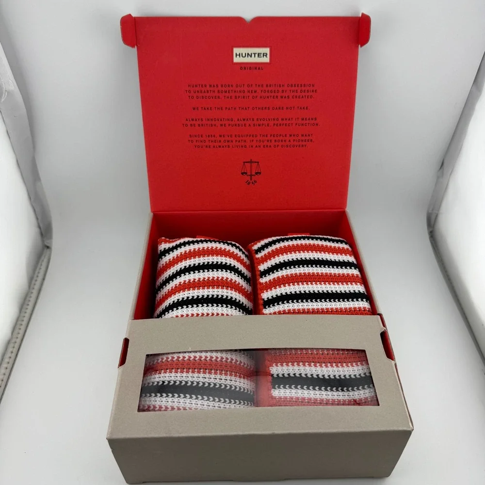 Hunter Boot Socks L Red Black White New Original Tall Striped UAS3048AAN